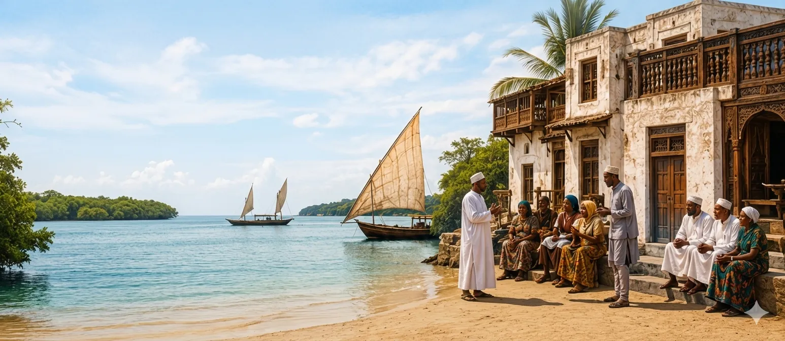 Elders gathered on the shore of a Lamu village as dhows sail past