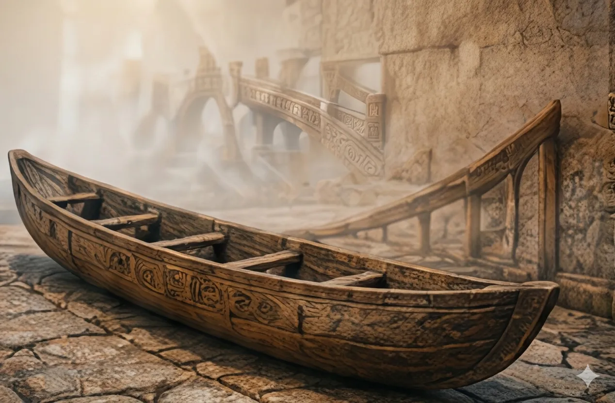 A carved wooden canoe