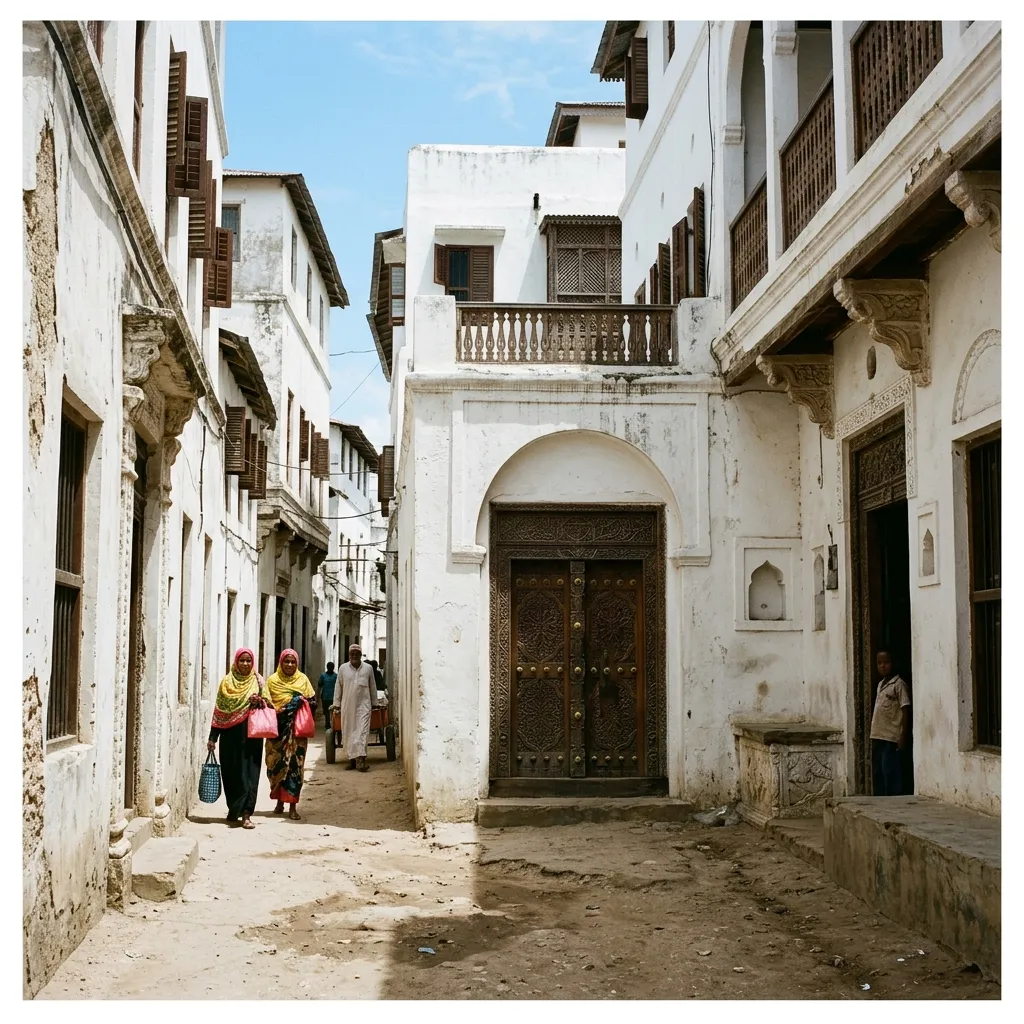 Whitewashed coral-stone houses and a carved Swahili door in an old town street